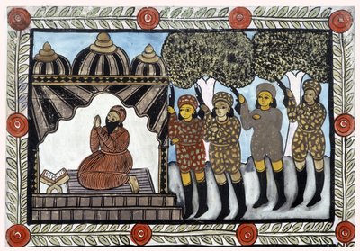Het verhaal van de aanslagen van 11 september 2001 verteld door de venters Baul uit Bengalen. Schilderij, serie, nummer 1/9, Bengalen. door School Indian