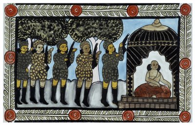 Het verhaal van de aanslagen van 11 september 2001 verteld door de peddelaars Baul uit Bengalen. Schilderij, serie, nummer 2/9, Bengalen door School Indian