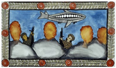 Het verhaal van de aanslagen van 11 september 2001 verteld door de Baul-verkopers uit Bengalen. Schilderij, serie, nummer 7/9, Bengalen door School Indian