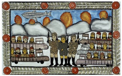 Het verhaal van de aanslagen van 11 september 2001 verteld door de Baul-verkopers uit Bengalen. Schilderij, serie, nummer 8/9, Bengalen door School Indian