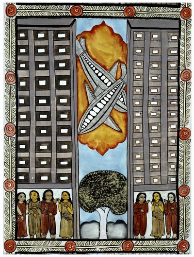 Het verhaal van de aanslagen van 11 september 2001 verteld door de straatverkopers Baul uit Bengalen, een illustratie van de vliegtuigen die deelnemen aan het World Trade Center in New York. Schilderij, serie, nummer 3/9, Bengalen door School Indian