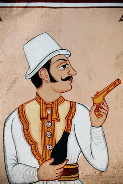 Muurschildering van Britse soldaat met pistool, Jaipur, Rajasthan, India door School Indian