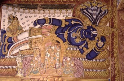 Muurschildering van de god Vishnu rustend op een slang door School Indian