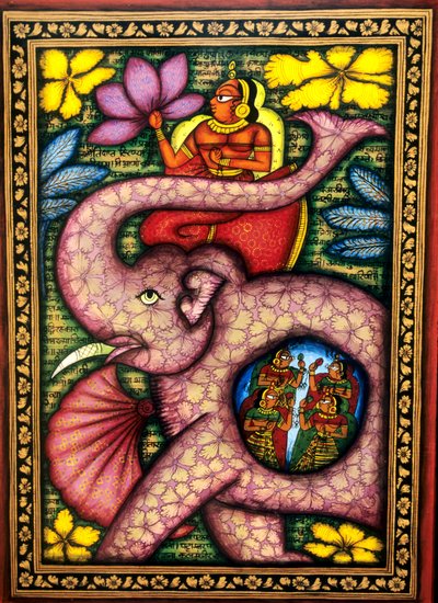 Vrouw zittend op olifant en bloem vasthoudend miniatuurschilderij, India door School Indian