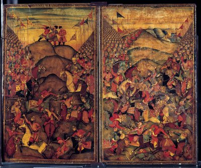 Slagveld. 17e-eeuws schilderij van Indo-Iraanse oorsprong. Museum voor Decoratieve Kunsten, Parijs door School Iranian