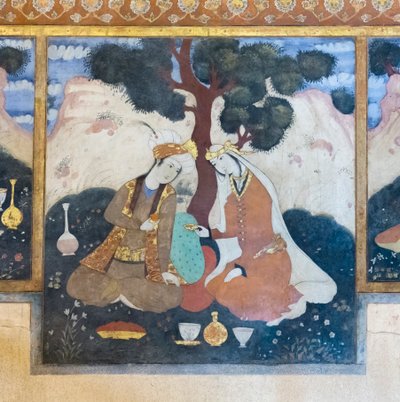 Fresco in het Chehel Sotoun paleis, Esfahan, Iran door School Iranian