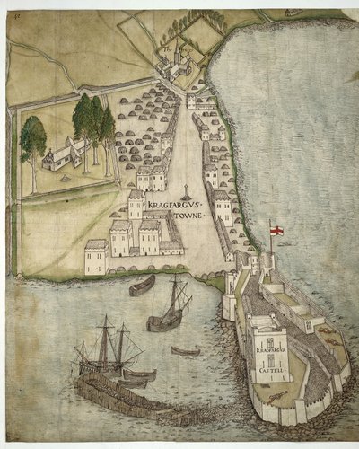 Het kasteel en de stad Carrickfergus, Ierland, ca. 1560 door School Irish