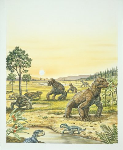 Anomodonten, voorgrond, Pareisaurs, links, en Dinocephalians, rechts, Paleozoïcum, Perm-periode door School Italian