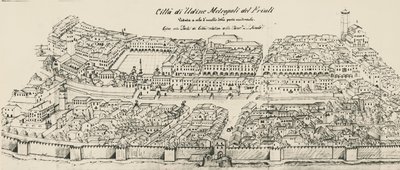 Vogelvlucht van westelijk deel van de stad Udine (gravure) door School Italian