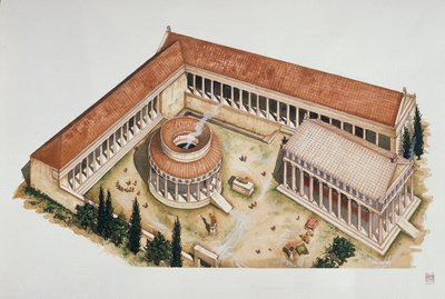 Ceremoniële cirkelvormige tholos en tempel van Asclepius, Epidaurus, 4e eeuw v.Chr. door School Italian