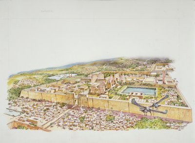 Reconstructie van de Tempel van Amon in Karnak tijdens de tijd van Ramses II door School Italian