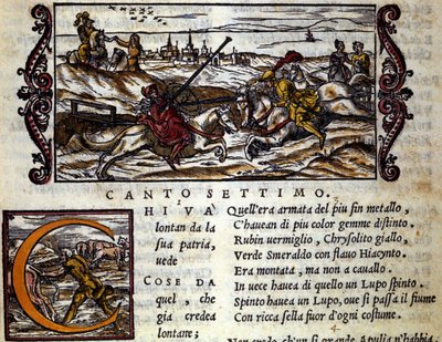 De reus Eryphila op een wolf vecht tegen Roger - Scène uit het riddergedicht 