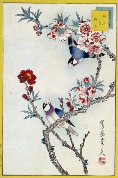 Vogels in een bloeiende boom - Japanse prent door Japanese School