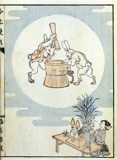 Japanner in gebed en konijnen in de maan die rijstpoeder stampen (Japanse prent) door Japanese School