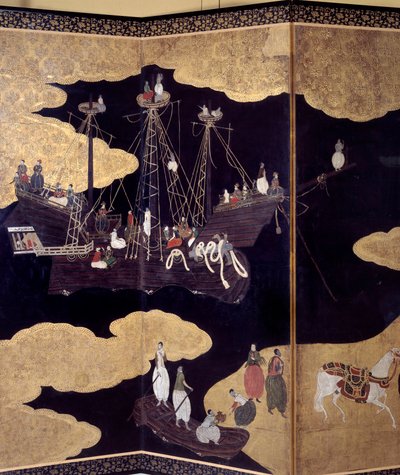 “Portugees” scherm: een voorstelling van de aankomst van Portugese Jezuïetenmissionarissen in Japan in de 16e eeuw. Detail door Japanese School