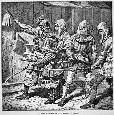 Samurai van Oud-Japan die gewone soldaten in maliënkolder leidt, gewapend met stootwapens door School Japanese