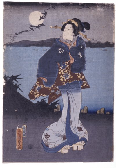 Vrouw aan het meer die naar volle maan en dalende ganzen kijkt door School Japanese