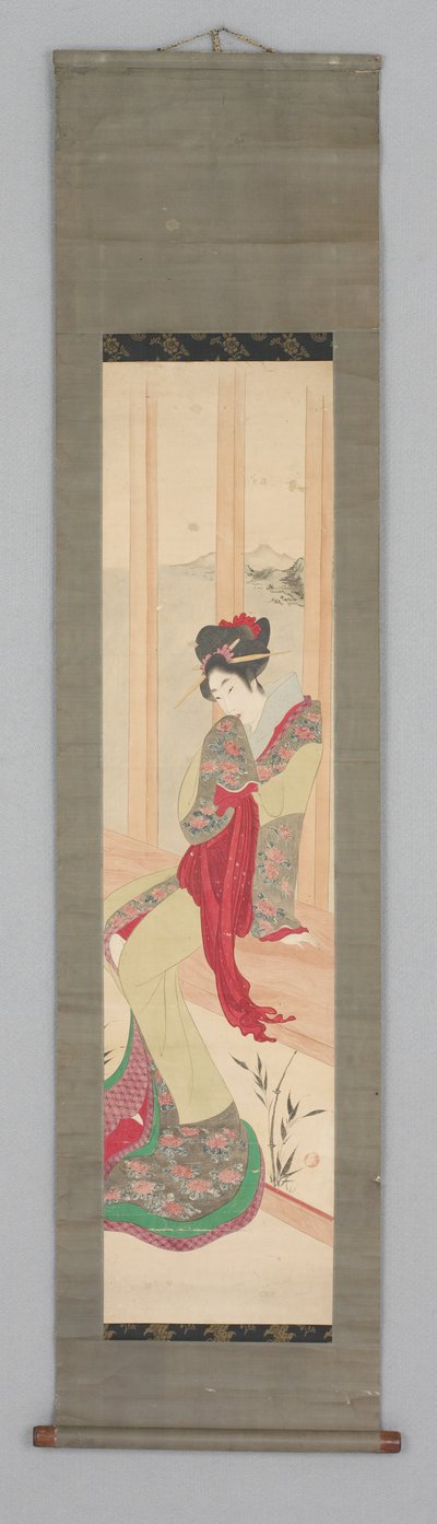 Vrouw op vensterbank (Kakemono) door Japanese School