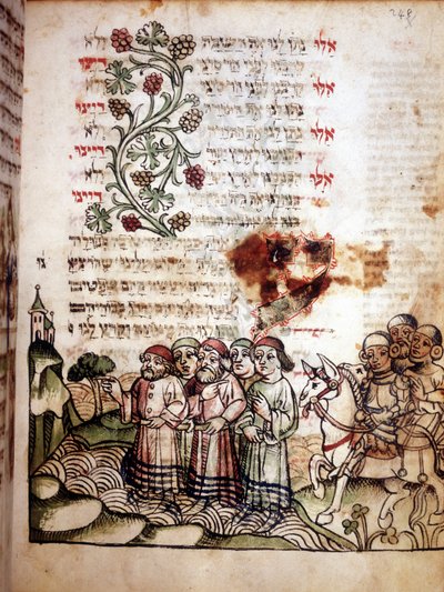 Bijbelse scène: Joden steken de Rode Zee over. Pagina van een Machazor, gebedenboek in het Hebreeuws. manuscript sd. door School Jewish