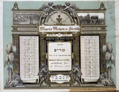 Herdenkingskalender voor toekomstige mortuariumdiensten van een overleden naaste. Jahrzeit schilderij. Joods Museum Basel, Zwitserland door School Jewish