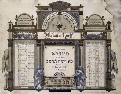 Herdenkingskalender voor toekomstige mortuariumdiensten van een overleden naaste. Jahrzeit schilderij. Joods Museum Basel, Zwitserland door School Jewish