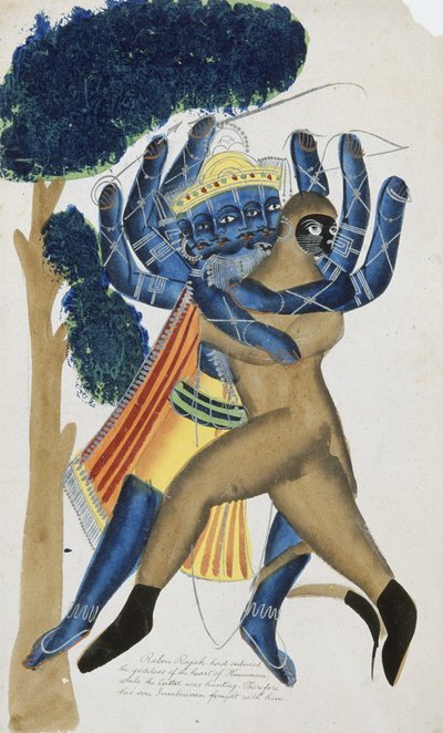 Ravana de demonenkoning van Ceylon vecht tegen de zoon van Hanuman door School Kalighat
