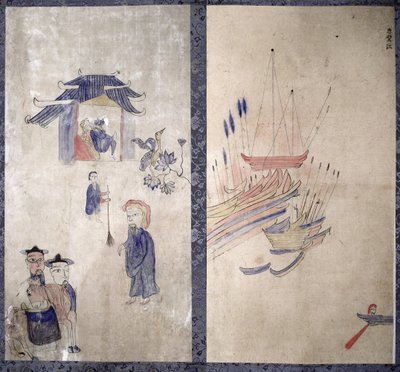 Een paneel van een achtvoudig scherm met een verhaal over de drie koninkrijken (natuurlijke pigmenten op papier) door School Korean