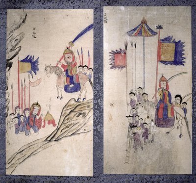 Een paneel van een achtvoudig scherm met een verhaal over de drie koninkrijken (natuurlijke pigmenten op papier) door School Korean