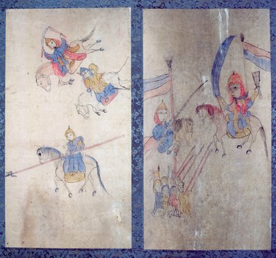 Een paneel van een achtvoudig scherm met een verhaal over de drie koninkrijken (natuurlijke pigmenten op papier) door School Korean