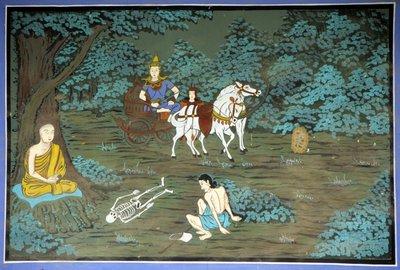 Boeddha in meditatie en skelet. Fresco in Yongju Tempel, Suwon regio, Korea door School Korean