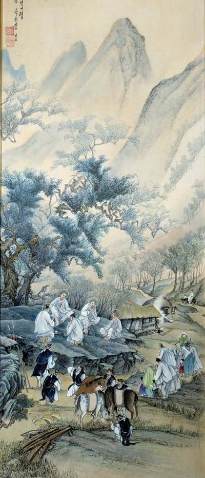 Koreaanse kunst: burgerlijke Koreanen kwamen van Europese katholieke missionarissen die werden gedood door repressie tijdens de evangelisatie in Korea in de 19e eeuw terwijl de gendarmes alcohol drinken. Missionarissen worden afgebeeld met aureolen als kat door School Korean