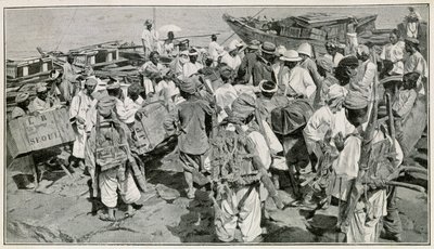 Koreaanse dragers in de haven van Chemulpo (Zuid-Korea), lossen de jonken - Illustratie naar een 19e-eeuwse foto door J. de Pange, uit Reizen in Korea door dokter Hagen door School Korean