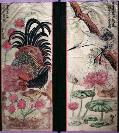 Twee panelen van een achtvoudig scherm met vogels en bloemen (natuurlijke pigmenten op papier) door School Korean
