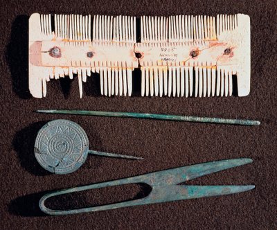 Barbaarse beschaving: toiletartikelen (kam, schaar) uit de Merovingische periode. 5e-8e eeuw. Straatsburg, Archeologisch Museum van het Palais Rohan door School Merovingian