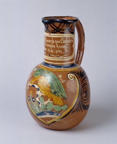 Volkskunst: pulque kruik (gefermenteerde agave alcohol) in beschilderde en geverniste terracotta, uit Mexico. 1972 Musée de la Vallée, Barcelonnette (Alpes de Haute Provence) door School Mexican
