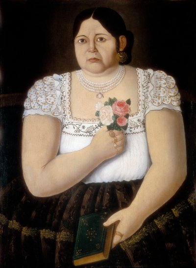 Portret van een inheemse Puebla-vrouw met een boeket rozen door School Mexican