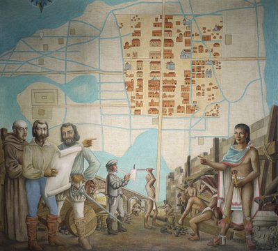 Drie mannen staand in een constructie, Mexico-Stad, Mexico door School Mexican
