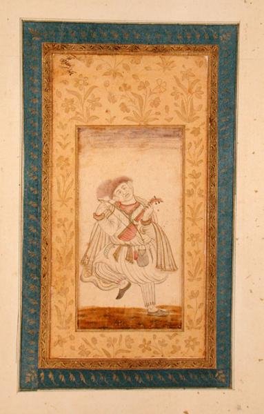 Een dansende Sarangi-speler, muzikant van het Mughal-hof, uit het Grote Clive-album door School Mughal