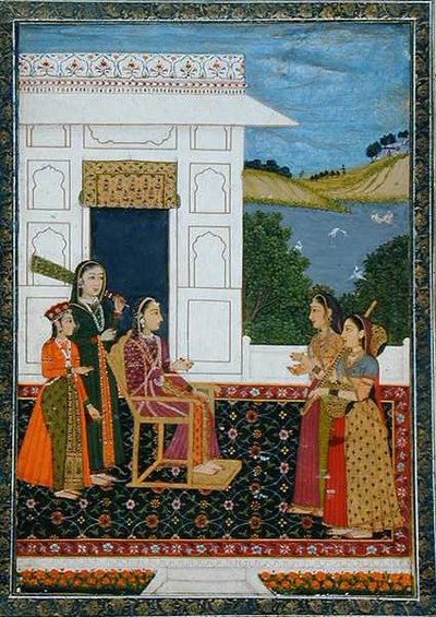 Een dame met bedienden op een terras, uit het Small Clive Album door School Mughal