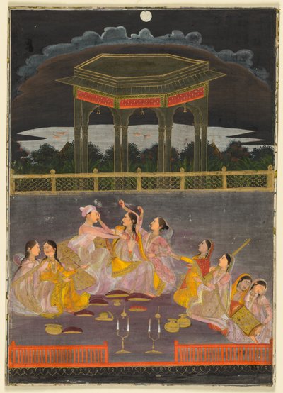 Een prins viert Holi met paleisvrouwen op een terras 