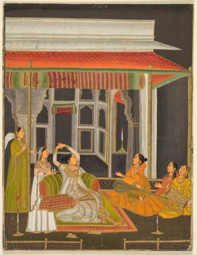 Een prinses op een terras met bedienden bij nacht (recto); kalligrafie (verso), ca. 1760 (dekkende aquarel met goud op papier) door School Mughal