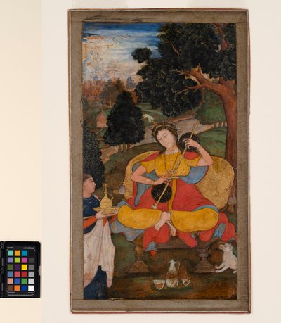 Een zittende vrouw speelt de vina, bediend door een dienaar, ca. 1590 door School Mughal