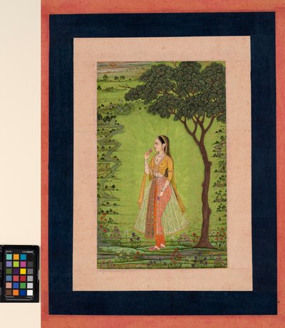 Een vrouw die bij een boom staat en een bloem vasthoudt door School Mughal