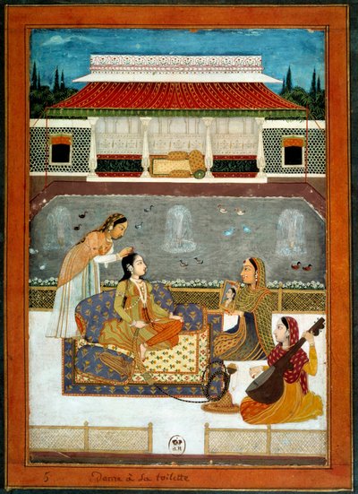 Een Indiase prinses heeft haar miniatuurtoilet van de Mughal School van 1740 door School Mughal