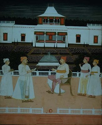 Hazan Riza biedt een smeekbede aan de Nawab van Oudhaa in een Mughal-tuin door School Mughal