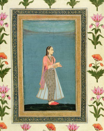 Dame met een wijnfles en beker, uit het Grote Clive Album door School Mughal