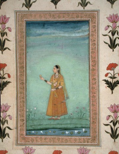 Dame met fruit, staand bij een lelievijver, uit het Kleine Clive Album, c.1600 door School Mughal