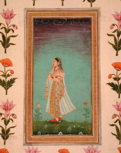Dame die door bloemen loopt, uit het Small Clive Album door School Mughal