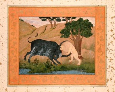 Leeuw in gevecht met een waterbuffel, uit het Grote Clive Album door School Mughal