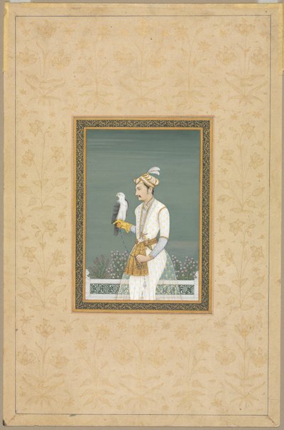 Portret van een prins met een havik door School Mughal